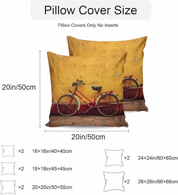 Bicycles Outdoor Pillow Covers 16x16 Inch Throw Pillow Covers Set of 2 Waterproof Decorative Pillow Cases Farmhouse Vintage Vehicle Yellow Broken Walls Cushion Covers for Patio Furniture Garden Couch