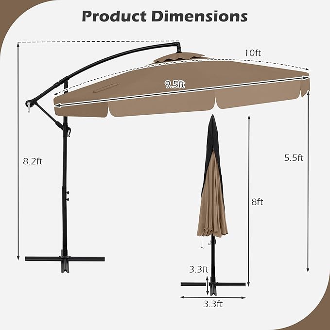 Tangkula 10FT Offset Hanging Umbrella with Cover, Patio Cantilever Umbrella w/ Easy Tilt Adjustment, Crank, Ruffled Edge, 8 Ribs, Sun-Protective Canopy, Heavy-Duty Outdoor Parasol for Pool Garden Deck (Tan)