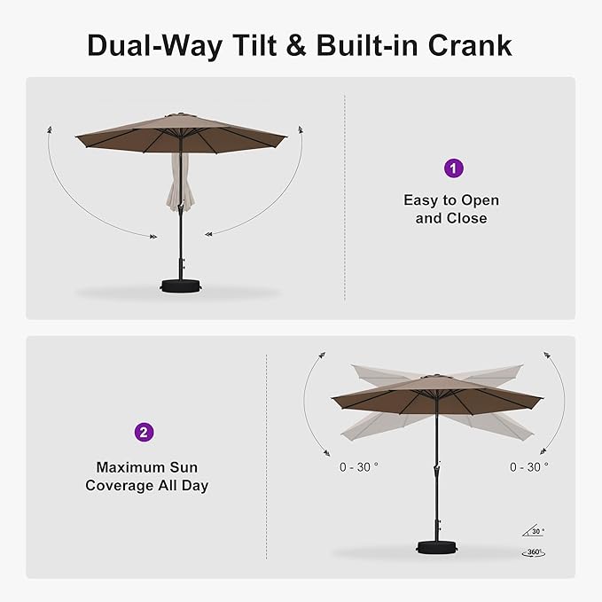 PURPLE LEAF 10' Round Patio Umbrella Outdoor Table Umbrella Aluminum Frame Market Umbrella with 8 Sturdy Ribs & Tilt for Garden Deck Lawn Pool Taupe