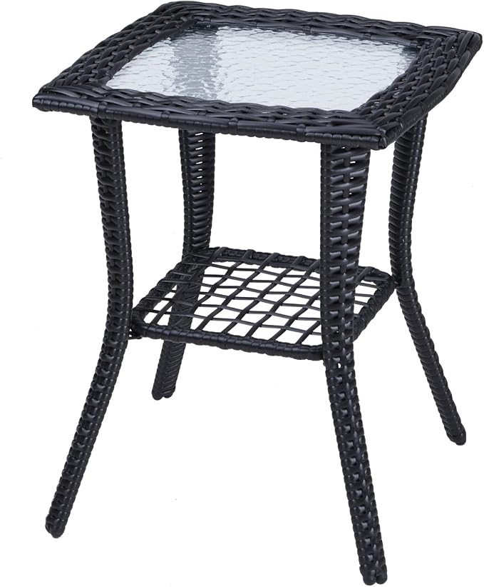 Outdoor Wicker Side Table, Rattan End Table with Glass Top, Patio Coffee Bistro Table for Indoor Garden Porch Balcony (Black)
