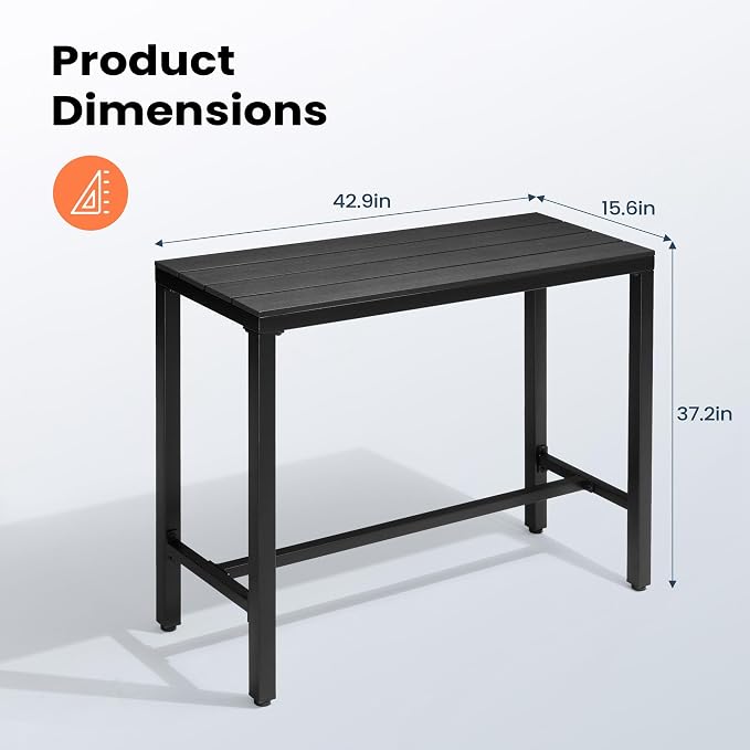 Outdoor Bar Table 43" All-Weather Patio Bar Table with Metal Frame and Waterproof Wood-Like Tabletop Outdoor Console Table for Balcony Yard Garden Bistro Hot Tub Use(Black)
