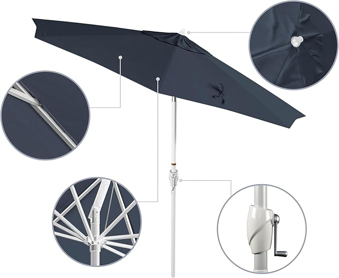 California Umbrella 12-Year Protection 9' Rd Aluminum Patio Umbrella, Crank Lift, Auto Tilt, White Finish, Sunbrella Regatta