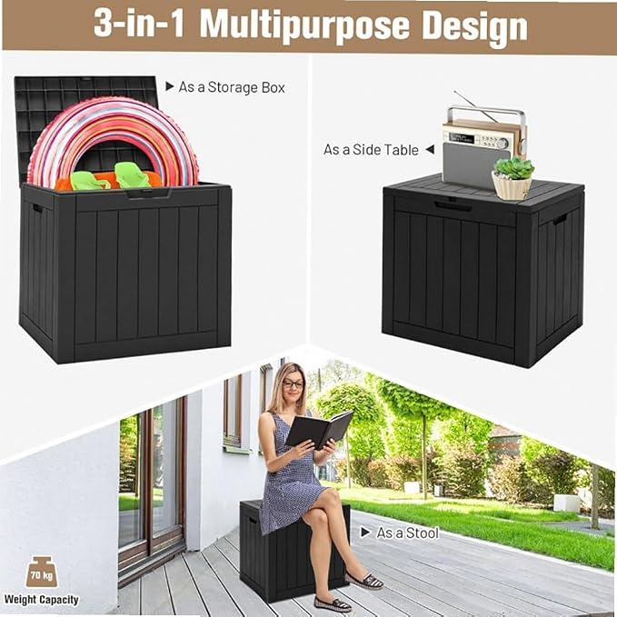 PP Woodgrain Black 30-Gallon Deck Storage Box with Lockable Waterproof Lid & Handles, 22x17x21in for Patio/Outdoor