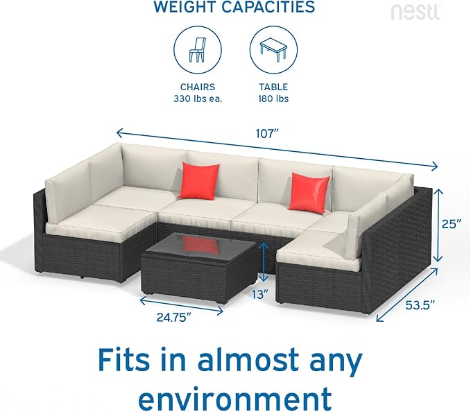 Nestl Patio Furniture Set 7 Piece Outdoor Conversation Set with Black Wicker Sectional and Off White Cushions