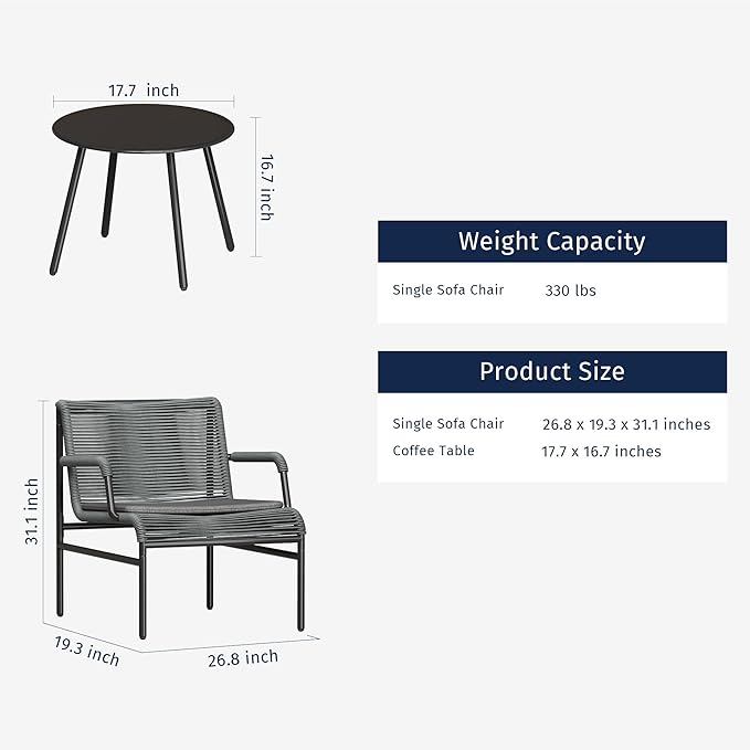 East Oak 3-Piece Patio Furniture Set, Outdoor Bistro Set with PE Rattan Wicker Wide Chairs, Soft Pads & Coffee Table, Modern All-Weather Wicker Patio Set for Garden and Porch, Misty Grey