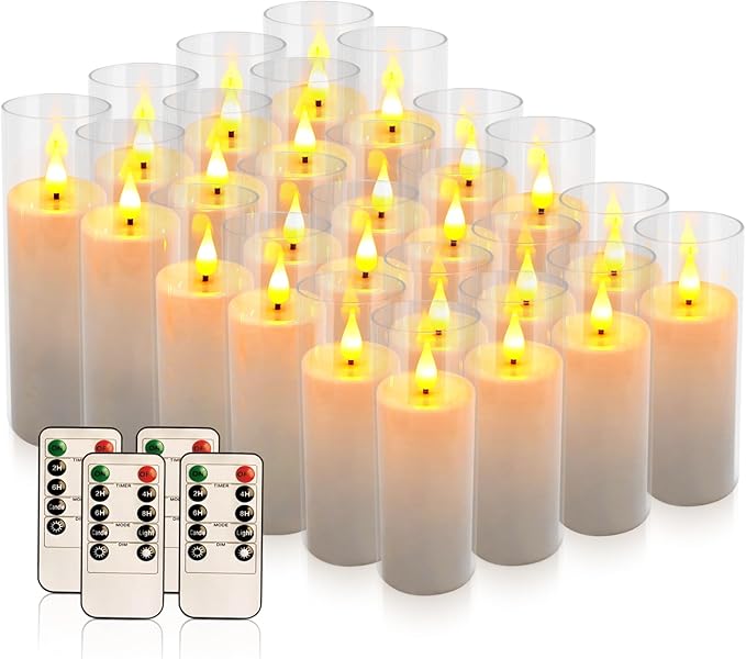 24 Pcs Acrylic LED Flameless Candles with 4 Remote,White,Flickering, Clear, Suitable for Wedding, Party, Home Decoration & Outdoor.