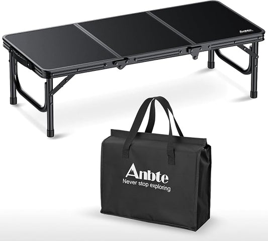 Anbte 34.2" x 15.7" Small Low Folding Picnic Table, 10.3" Height Thicker Aluminum Small Camping Table with Storage Bag, Portable Handle, Lightweight, for Camping Beach Party Picnic Floor, Black