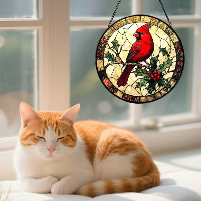 Stained Glass Window Hanging Ornament, The Red Bird Stopped on The Branch 6.3 Inches Suncatcher for Window Home Decor Bithday Christmas Monther's Day Gifts for Women Men and Mom