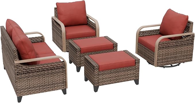 COOS BAY Modern Wicker Outdoor Furniture Set, 5 Piece Patio Conversation Set with 2 Swivel Rockers, a 3 Seat Couch and 2 Ottomans, 5 Piece, Brown/Red