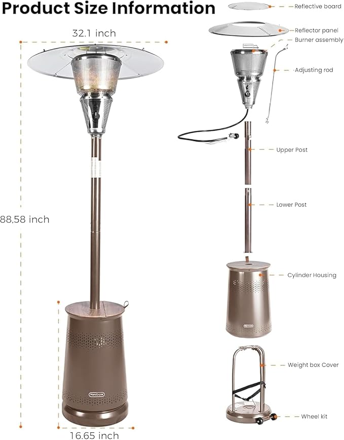 50,000 BTU Patio Heater for Outdoor Use With Adjustable Heat Focusing Top, Portable Propane Patio Heater with Wheels, Stainless Steel Burner for Porch, Deck, Garden, Commercial (Brown)