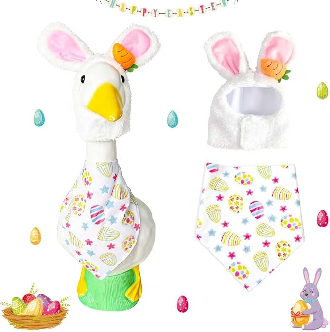 Easter Bunny Outfit for Porch Goose - Spring Costume with Adjustable Hat & Colorful Scarf, Cute Easter Basket Stuffers for 23" or 17" Lawn Statue Decor