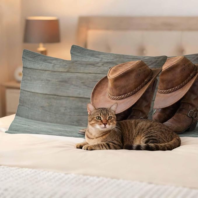Outdoor Throw Pillow Covers,Western Cowboy Boots Hat Waterproof Decorative Pillowcases Cushion Cover Farm Wooden Plank Pillow Cases for Patio Couch Sofa Bed,20x12in Set of 2
