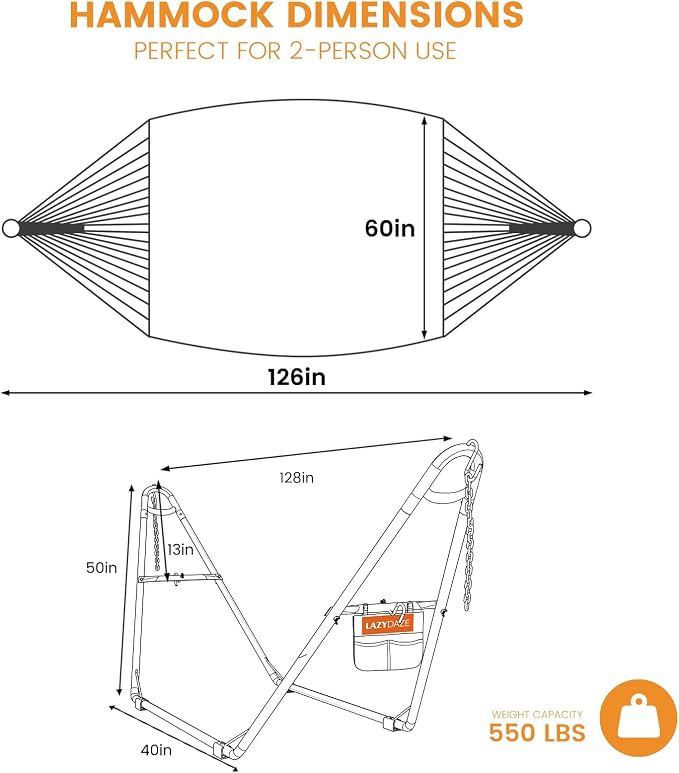 Lazy Daze Hammocks Handwoven Mayan Hammock with Heavy Duty Steel Stand, 10.5 FT Soft Rope Double Hammock for Patio Outside, 550 lbs Weight Capacity, Natural