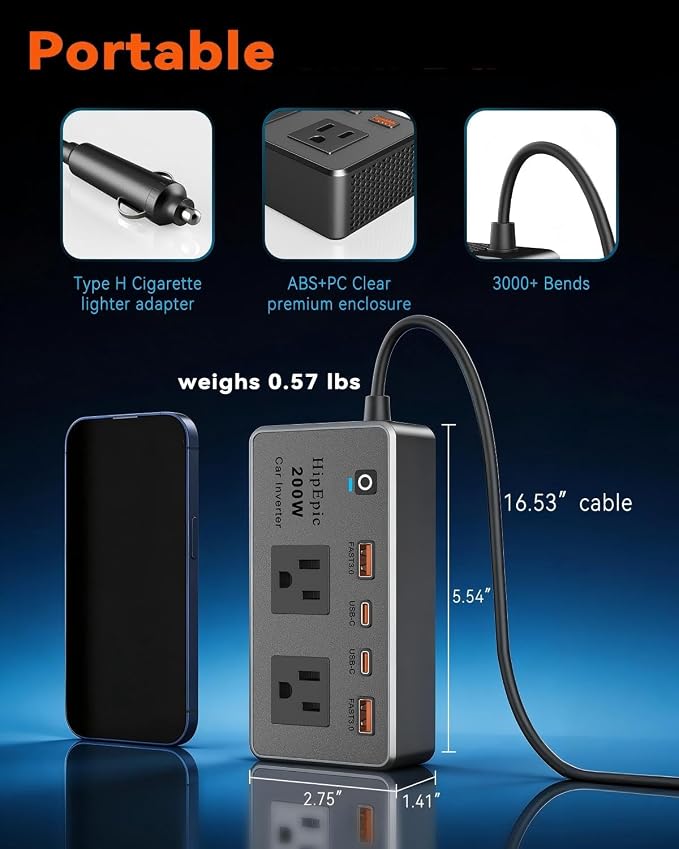 200W Multi-Port Car Power Inverter 12V DC to 110V/120V AC,Small Auto Outlet Adapter-24W USB A/C&3 Plug for Laptop,Portable Inverters for Vehicle Minivan SUV RV Road Trips Camping Essential(Black)