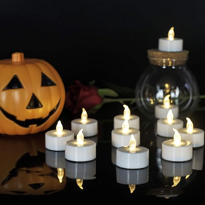 LED Tea Lights Flameless Candles: Battery Operated Bulk 50-Pack Realistic and Bright Flickering Long Lasting 200 Hours Electric Tealight Candles for Home Decor Halloween Christmas Wedding (White)