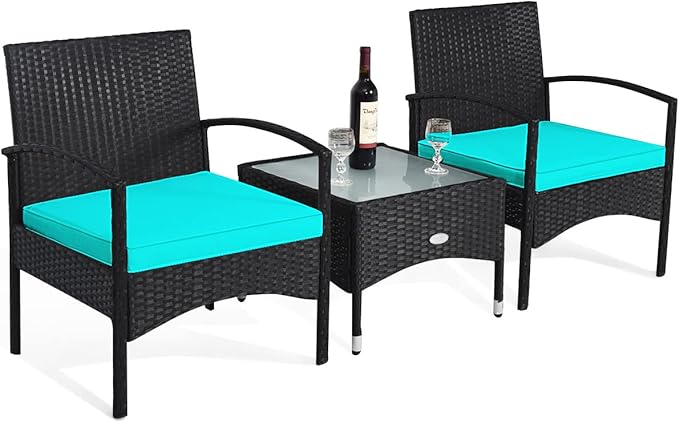 Tangkula 3 Pieces Patio Wicker Rattan Furniture Set, Rattan Chair with Coffee Table, High Load Bearing Chair Conversation Sets for Patio Garden Lawn Backyard Pool