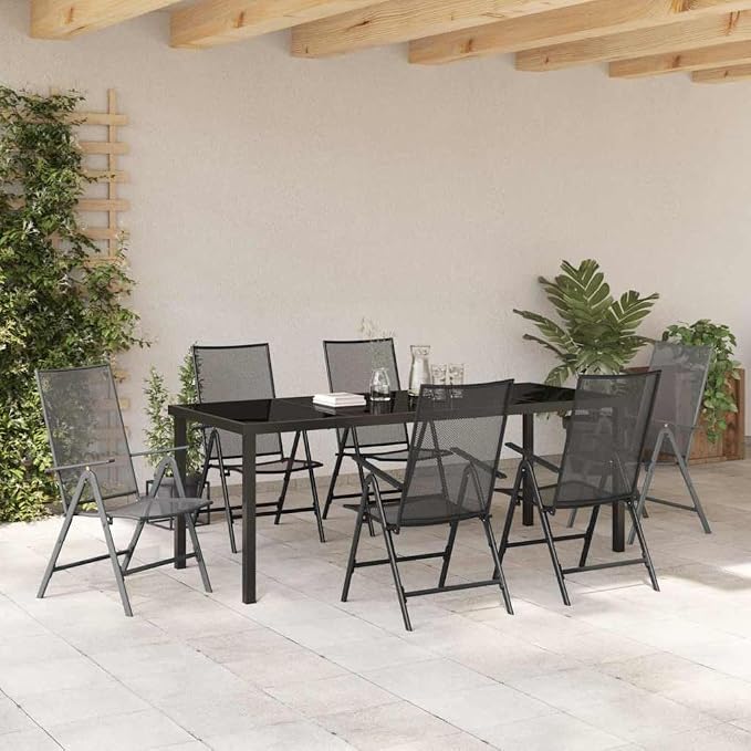 7 Piece Outdoor Dining Set, Anthracite Powder-Coated Steel Patio Furniture, Foldable Garden Table and 6 Chairs, Height-Adjustable Dining Table for Backyard Balcony