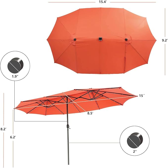 Tangkula 15 Ft Solar Patio Umbrella, Double-Sided Extra Large Outdoor Market Table Umbrella with 48 LED Lights, Crank Handle, 12 Sturdy Ribs for Poolside, Garden & Backyard (Orange)