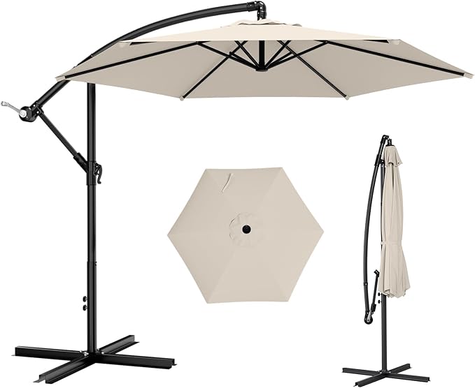 AreShark 10FT Patio Outdoor Umbrella, Offset Patio Umbrella Cantilever Umbrella, 6 Sturdy Ribs, Easy Adjustment for Garden Market Pool with Cross Base (Cream White)