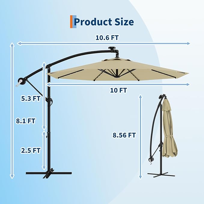 Garvee 10FT Solar Lights Offset Patio Umbrella with Cross Base, Cantilever Umbrella with Easy Lift & Tilt Adjustment, 8 Ribs Sun umbrella UV Protection for Backyard, Pool, Garden, Beige