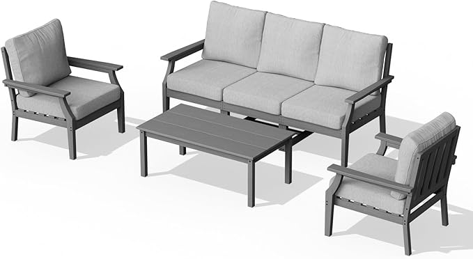 HDPE Patio Conversation Set, 6-Piece All Weather Outdoor Furniture Set with 2 Single Armchairs for Deck, Lawn, with Cushion, Gray