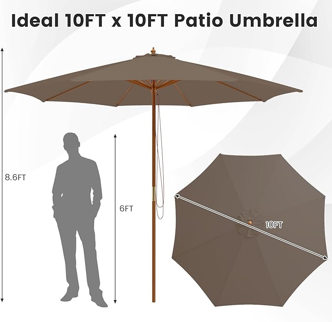 Tangkula 10FT Patio Umbrella, Outdoor Table Market Umbrella w/8 Wooden Ribs, 3 Adjustable Heights, Rope Pulley System, Detachable Pole, Wooden Patio Umbrella for Garden, Poolside, Backyard (Tan)
