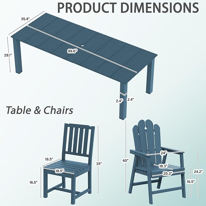 11-Piece Patio Dining Set, Outdoor Dining Set for 10, HDPE All-Weather Outdoor Furniture with 89.57” Umbrella Hole Table, 2 Armchairs & 8 Armless Chairs, Navy