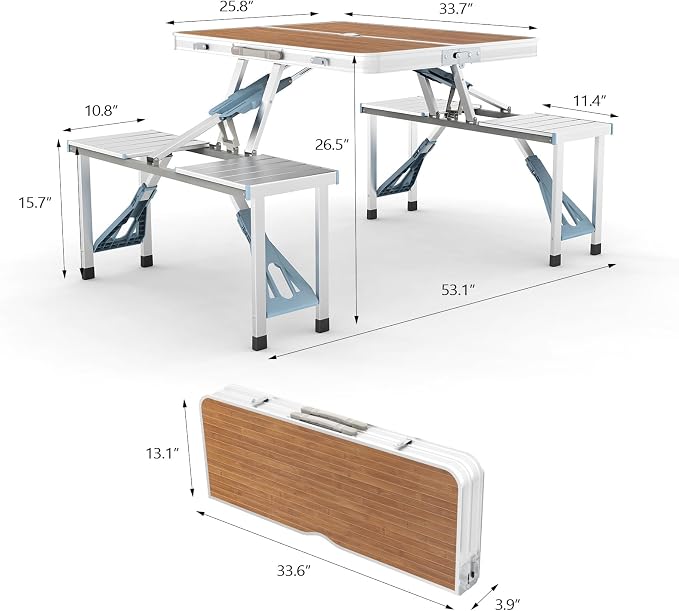 4FT Portable Folding Camping Picnic Table with Seats Chairs and Umbrella Hole, Lightweight Compact Aluminum Outdoor Camping Patio Fold Up Card Suitcase Table with Carry Handle