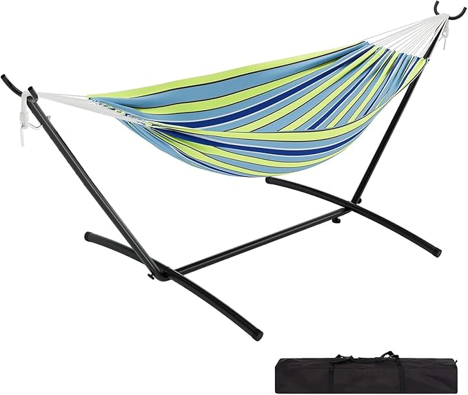 Double Hammock with Stand for Outside, 2 Person Heavy Duty Hammocks for Indoor Outdoor Patio with Carrying Bag, 450 Lbs Capacity, Space Saving Heavy-Duty Steel Stand