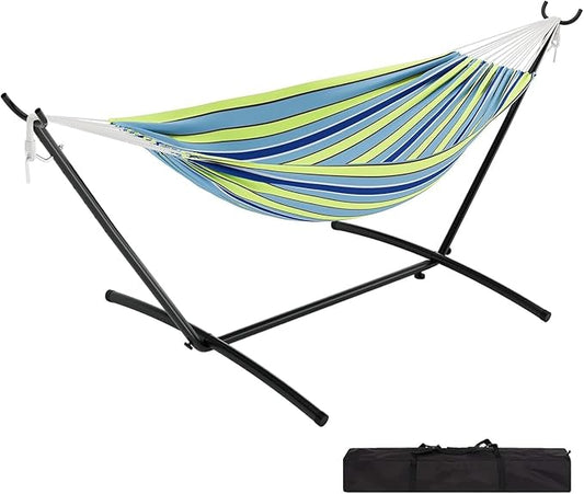 Double Hammock with Stand for Outside, 2 Person Heavy Duty Hammocks for Indoor Outdoor Patio with Carrying Bag, 450 Lbs Capacity, Space Saving Heavy-Duty Steel Stand