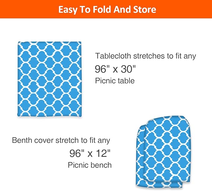 KENOBEE 8ft Picnic Table and Bench Cover, Camping Essentials RV Gear, 96 in Waterproof Windproof Outdoor Elastic All Around Tablecloth, Fitted Rectangle Tables and Seats, Blue-White Moroccan