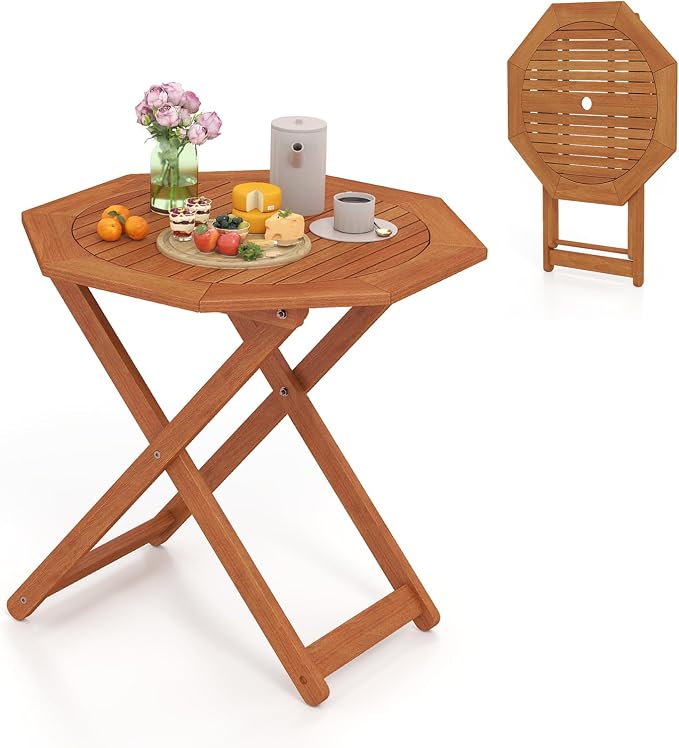 Byroce Outdoor Patio Table, Octagon Folding Bistro Table with Slatted Tabletop & 2” Umbrella Hole, Solid Wood Outdoor Dining Table, Portable for Backyard, Poolside & Balcony (1)