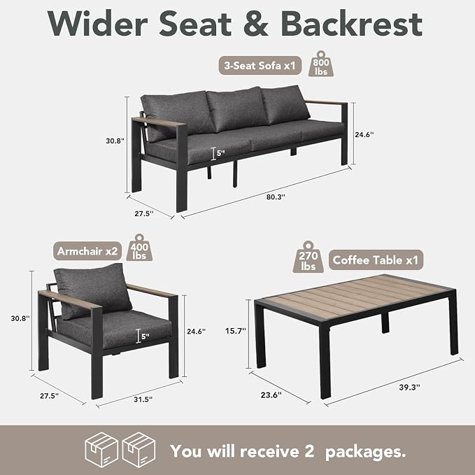 Outdoor Patio Furniture Set 5 Seats Luxury Aluminum Patio Conversation Set with Washable Thick Cushions, 4 Pieces Outdoor Sectional for Porch, Balcony, Deck, Yard, Dark Gray