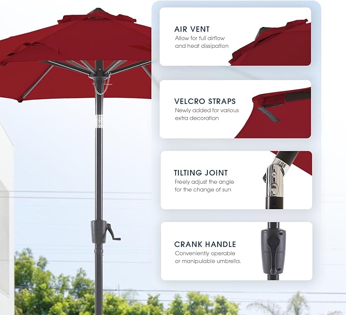 BLUU MAPLE 9FT Olefin Patio Umbrella Outdoor Table Umbrellas, 36 Month Fade Resistance Olefin Canopy, Market Center Umbrellas with 8 Strudy Ribs & Push Button Tilt for Garden, Lawn & Pool, Burgundy red