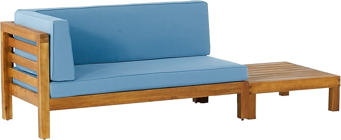Christopher Knight Home Oana Outdoor Left Arm Loveseat and Coffee Table Set - Acacia Wood - Teak/Blue