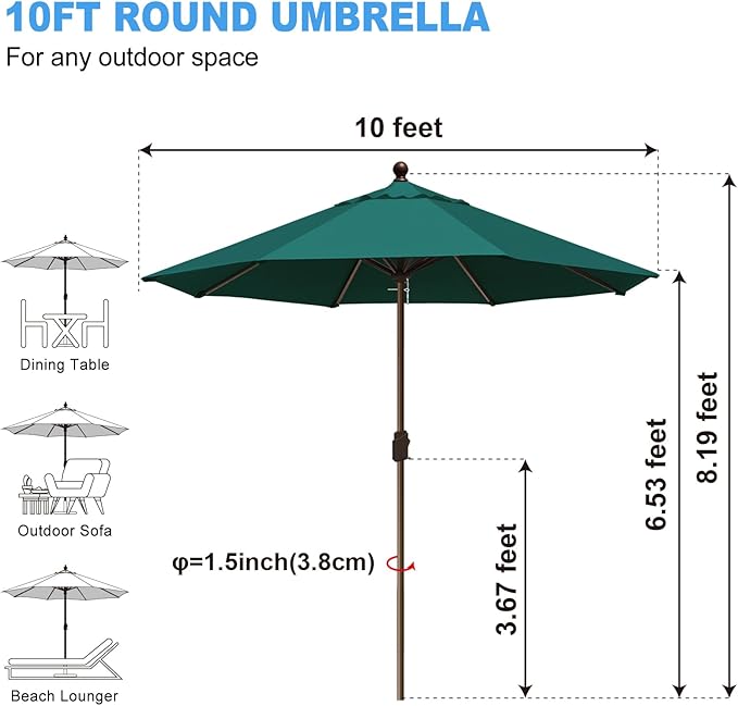 Eurmax USA 10-Year-Non-Fading 10FT Outdoor Patio Market Umbrella,UPF50+ UV Resistant Sun Shade,Heavy Duty Commercial Grade,Crank Lift Design,Windproof Vented Top for Garden,Pool,Deck,Forest Green