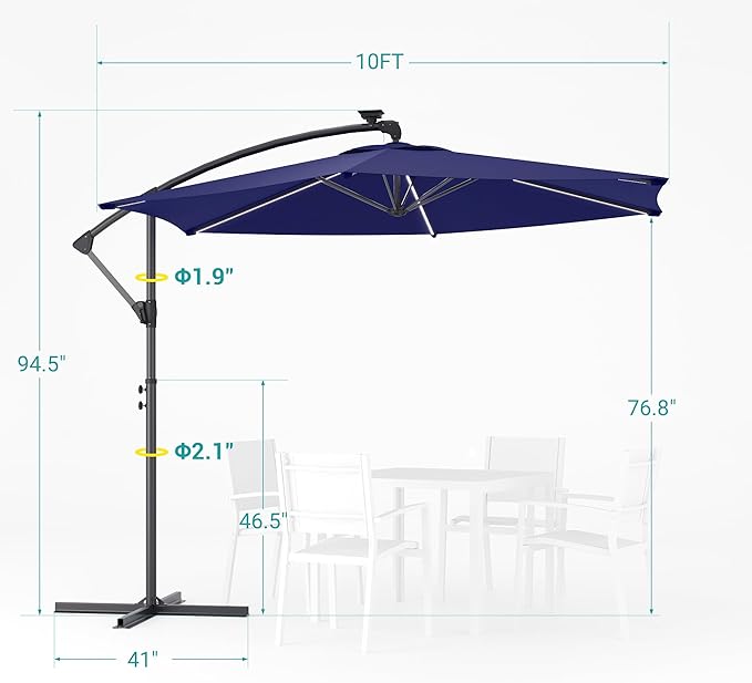 10ft Offset Patio Umbrella with Solar Light Strips,Outdoor Cantilever Hanging Umbrella with Cross Base, Fade Resistant Recycled Fabric, for Pool, Deck, Garden,Backyard,
