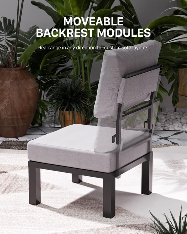 ZANDOR 5 Pieces Aluminum Outdoor Patio Furniture Set, Movable Backrest Modular Sectional Sofa Set, Metal Conversation Set with 4-inch Thick Cushion for Garden Backyard Porch, Grey