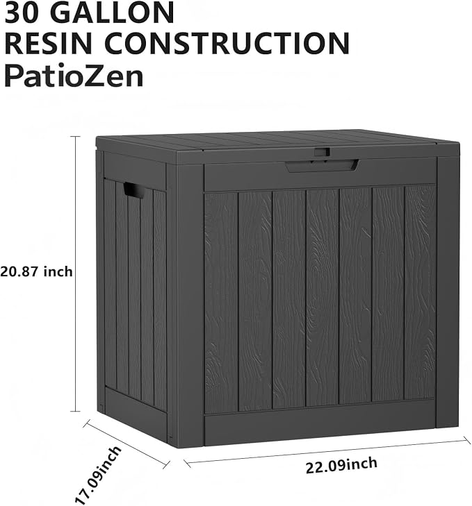 PatioZen 30 Gallon Resin Deck Box,Lockable Outdoor Storage Box for Patio Cushions Storage Furniture,Garden Tools,Pool Supplies, Weatherproof and UV Resistant (Black)