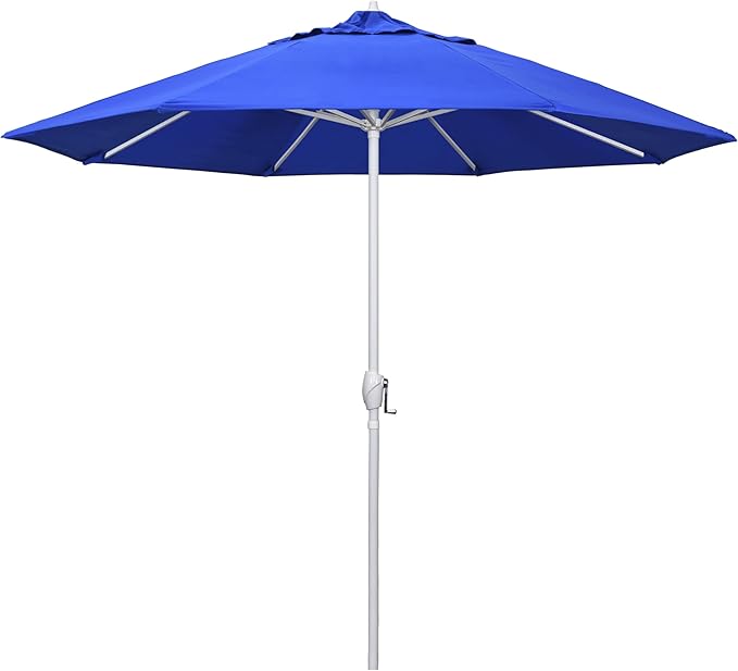 California Umbrella 12-Year Protection 9' Rd Aluminum Patio Umbrella, Crank Lift, Auto Tilt, White Finish, Sunbrella Pacific Blue