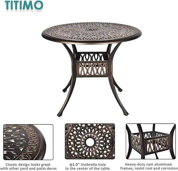 TITIMO 5 Piece All-Weather Cast Aluminum Outdoor Patio Deck Dining Set w/Round Table and 4 Chairs, Khaki Cushions, Umbrella Hole - Deep Bronze