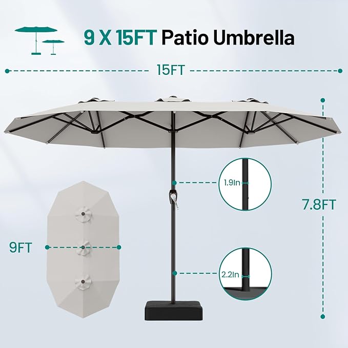 AreShark 15ft Patio Umbrella with Base, Double Sided Outdoor Umbrella with 12 Fiberglass Ribs, Large Outdoor Umbrella for Garden, Pool, Deck, Backyard & Market, Light Grey