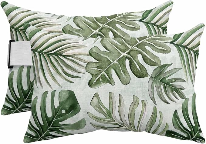 Pack of 2 Outdoor Lumbar Pillow Covers 11x16 Inch, Green Monstera Deliciosa Waterproof Throw Pillow Covers Set, Summer Botanical Tropical Indoor&Outdoor Decorative Cushion Cases for Patio Porch Car