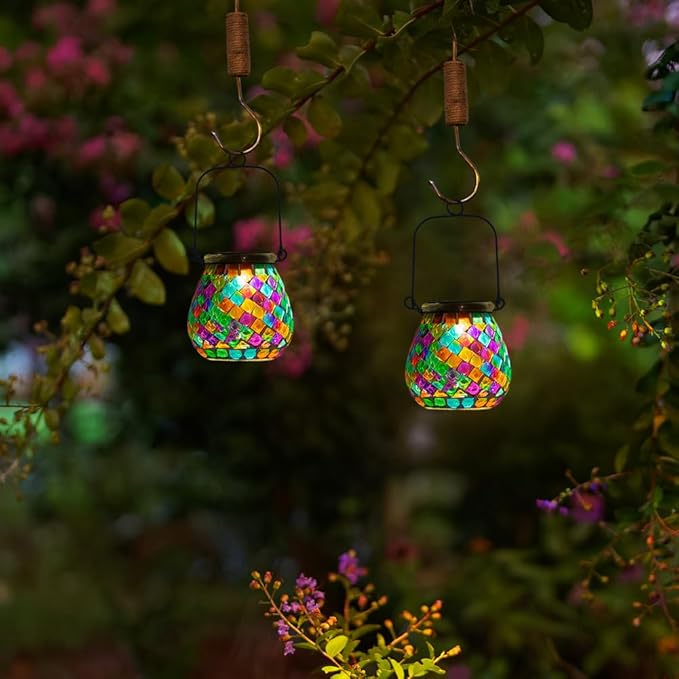 Stargarden 4 Pack Mosaic Solar Lanterns Outdoor Waterproof, Colorful Glass Hanging Lantern Decorative Solar Lights for Yard, Patio, Lawn, Gaden Decor