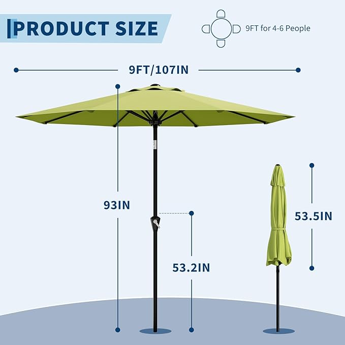 GarveeLife 9FT Umbrella Outdoor Patio, Table Umbrella with Push Button Tilt and Crank, 8 Sturdy Ribs Waterproof UV Protection for Garden, Pool, Deck, Backyard, Market (Fruit Green)