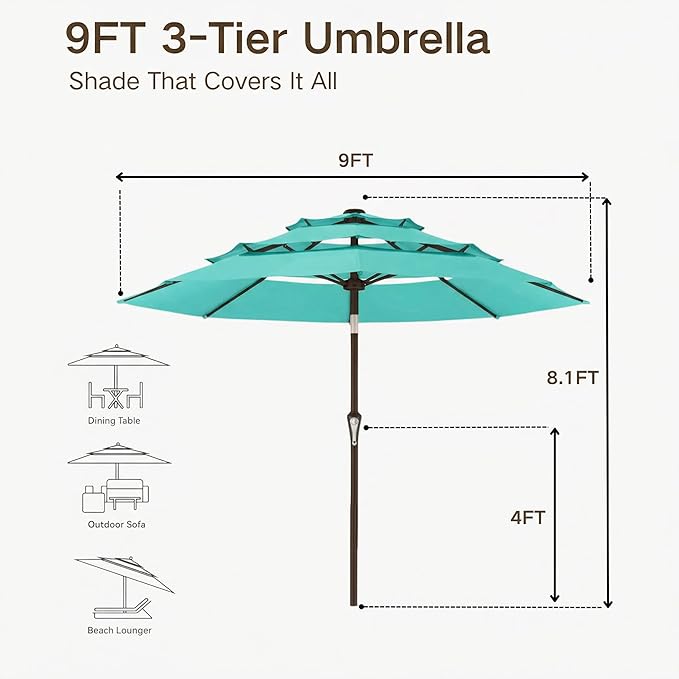 Kingdura 9ft 3-Tier Patio Umbrella, Outdoor Table Umbrella with Easy Crank & Tilt, 8 Reinforced Ribs, UV Protection for Deck, Pool, Market, Backyard (Tiffany blue)