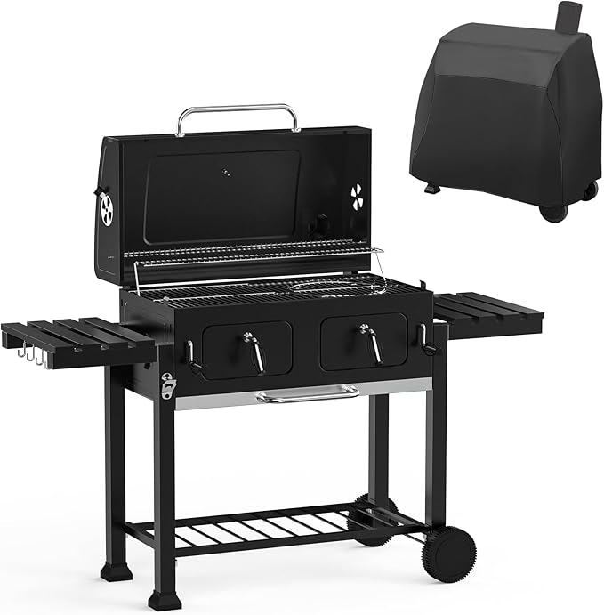 ONLYFIRE GRILLS Large BBQ Charcoal Grill with Cart & 2 Liftable Charcoal Trays, 794 SQ.IN Cooking Area, Heavy Duty Outdoor Barbecue Grill with Foldable Side Tables, Wheels & Cover, GS339