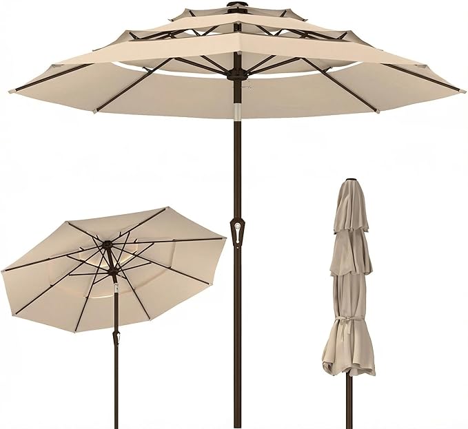 Kingdura 10ft 3-Tier Patio Umbrella, Outdoor Table Umbrella with Easy Crank & Tilt, 8 Reinforced Ribs, UV Protection for Deck, Pool, Market, Backyard (Beige)