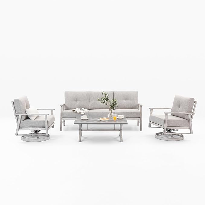 Outdoor Patio Furniture Set, 4 Pieces Aluminum Swivel Chairs Patio Conversation Set with Cushions, All Weather Outdoor Sectional Couch Sofa Set for Deck, Lawn, Poolside, Backyard, White Oak