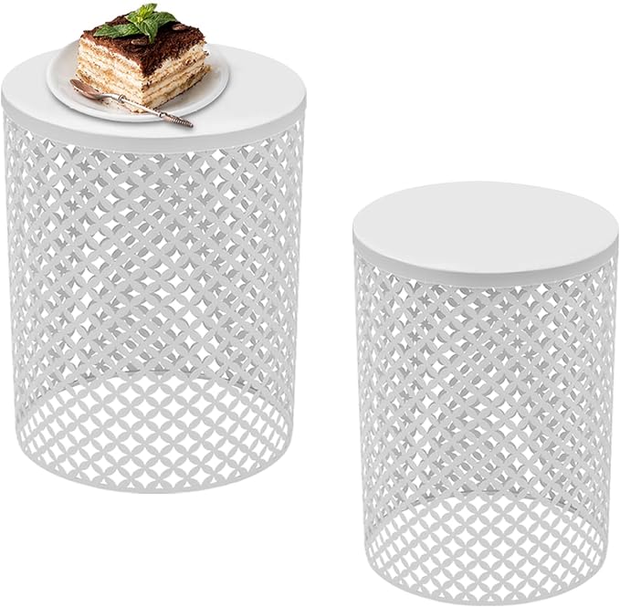 2PCS Outdoor Side Table, Modern End Table Cylindrical Metal Frame Accent Table, Metal Frame Accent Table for Gardens, Balconies, Bedrooms, Living Rooms (White)